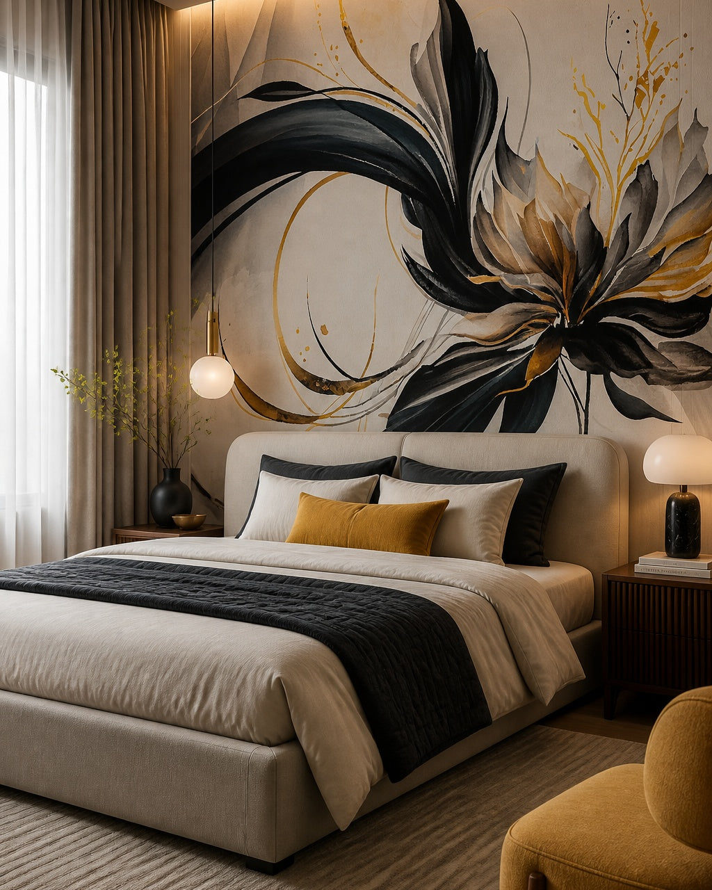 Black and gold abstract flower wallpaper in a designer bedroom.