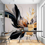 Abstract Black and Gold Floral Mural on Soft Beige Background - Elegant Wallpaper Design