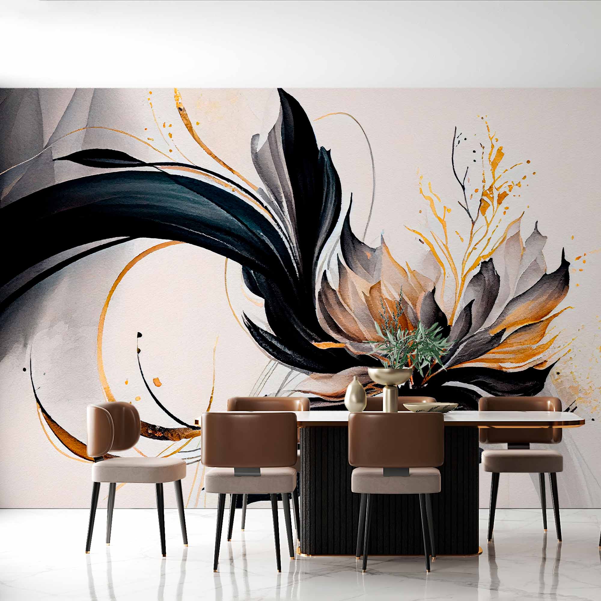 Abstract Black and Gold Floral Mural on Soft Beige Background - Elegant Wallpaper Design