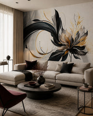 Black and gold abstract flower wallpaper in a designer living room.