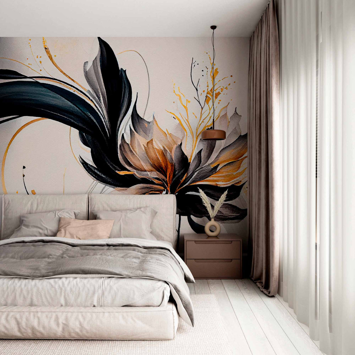 Abstract Black and Gold Floral Mural on Soft Beige Background - Elegant Wallpaper Design