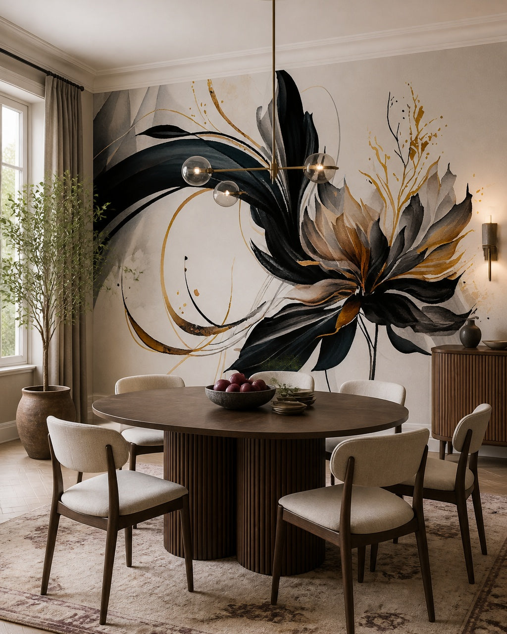 Black and gold abstract flower wallpaper in a refined dining area.