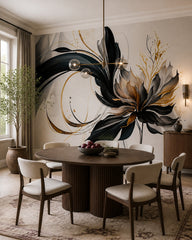 Black and gold abstract flower wallpaper in a refined dining area.