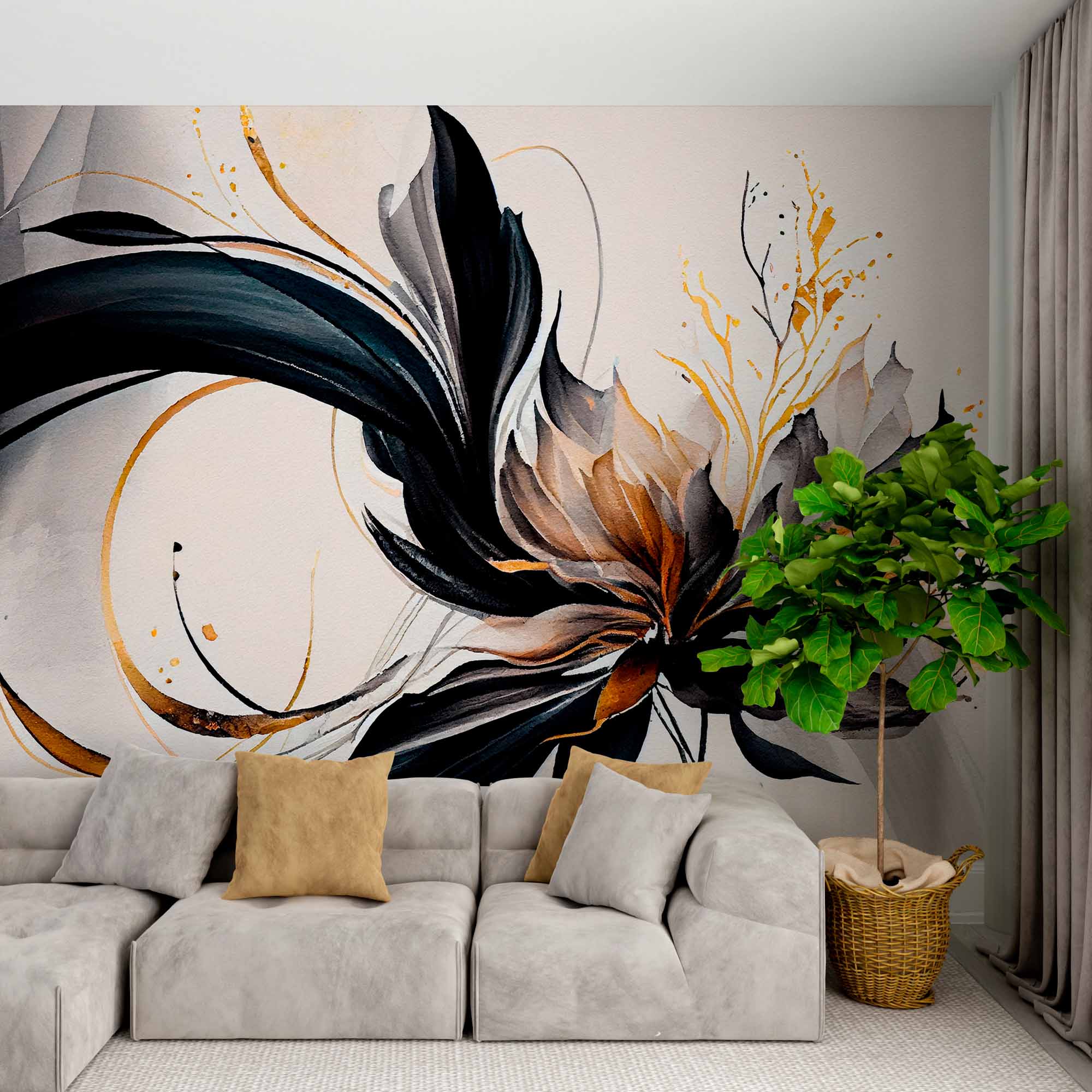 Abstract Black and Gold Floral Mural on Soft Beige Background - Elegant Wallpaper Design