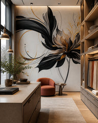 Black and gold abstract flower wallpaper in a design showroom.