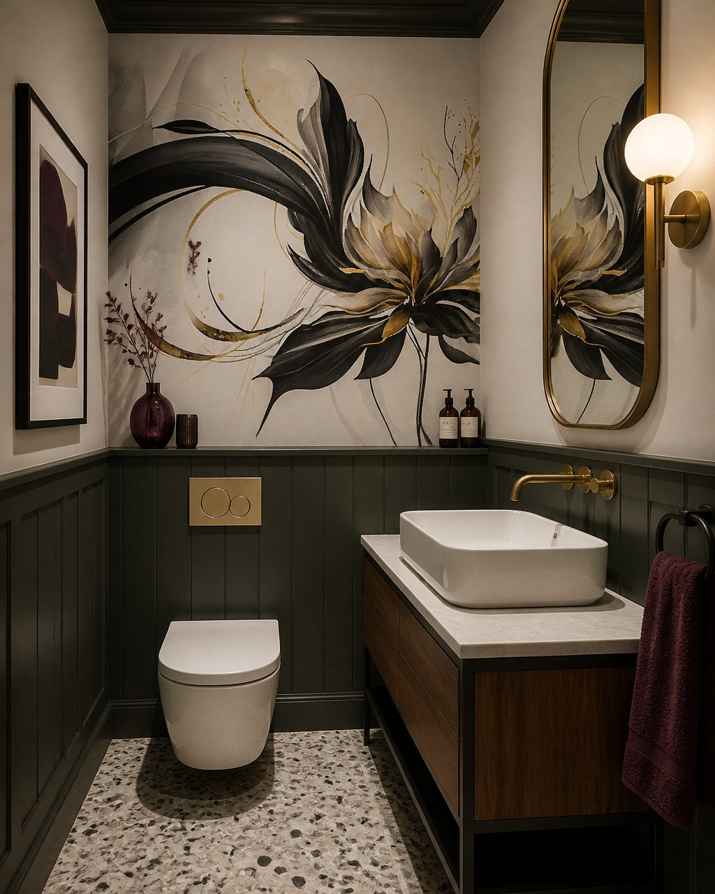 Black and gold abstract flower wallpaper in an elegant powder room.