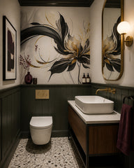Black and gold abstract flower wallpaper in an elegant powder room.