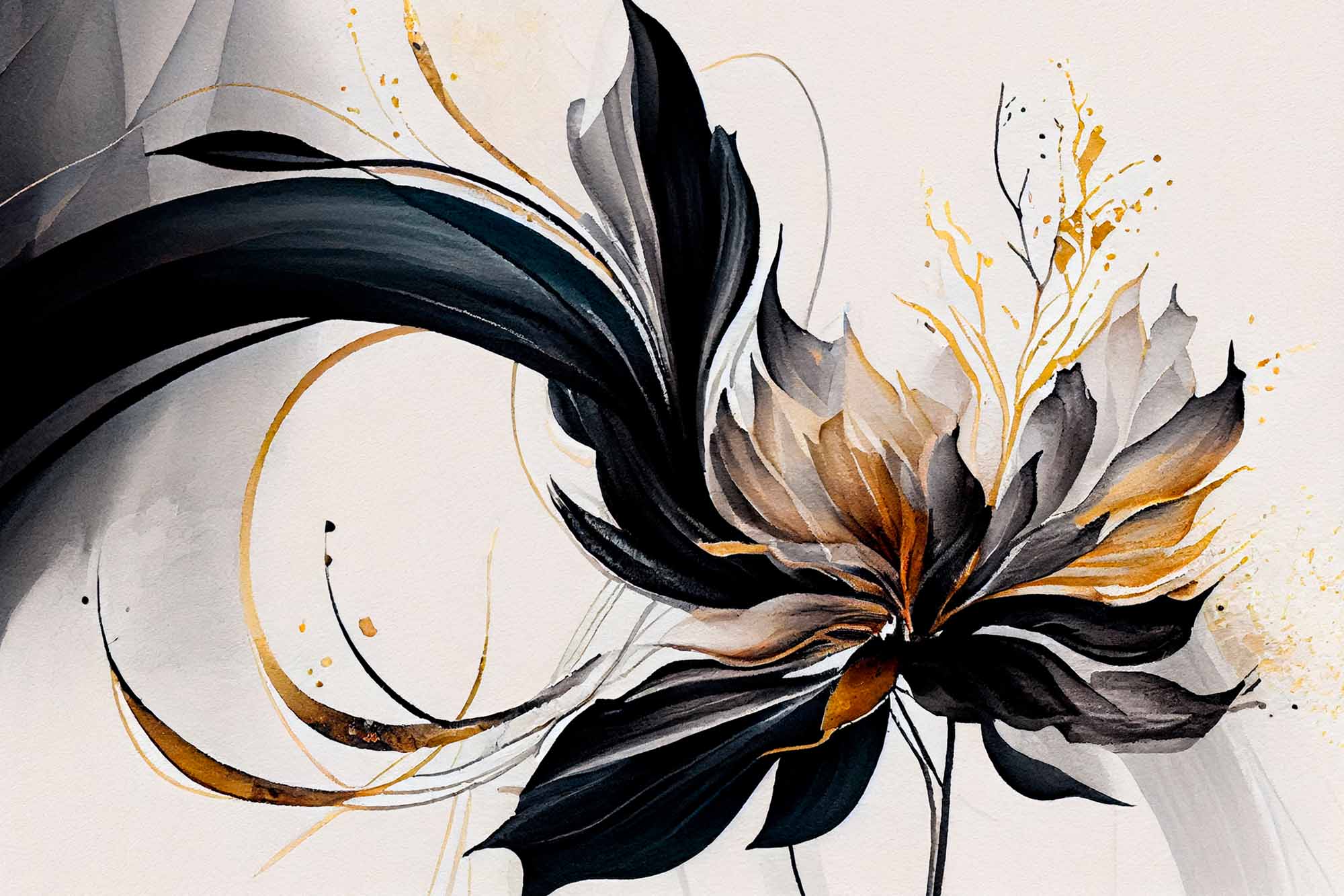 Abstract Black and Gold Floral Mural on Soft Beige Background - Elegant Wallpaper Design