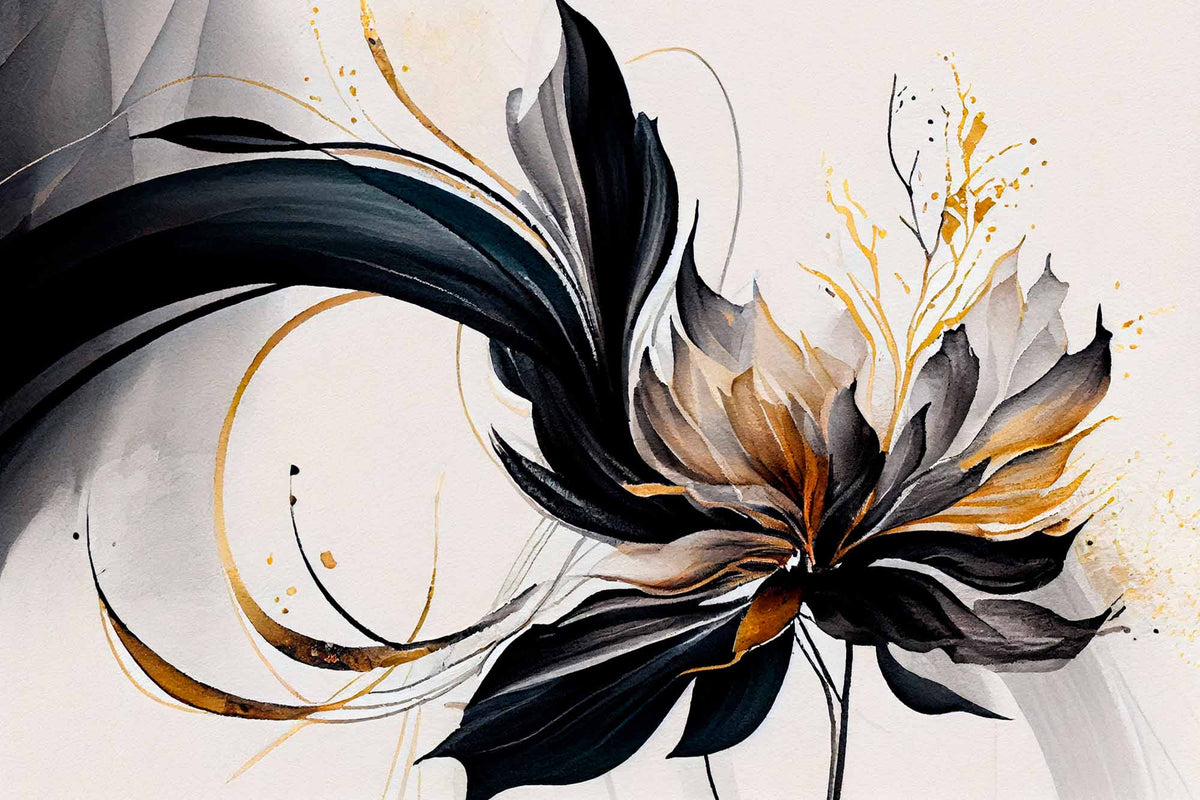 Black and Gold Abstract Flower Wallpaper – Elegant Floral Wall Mural on Beige