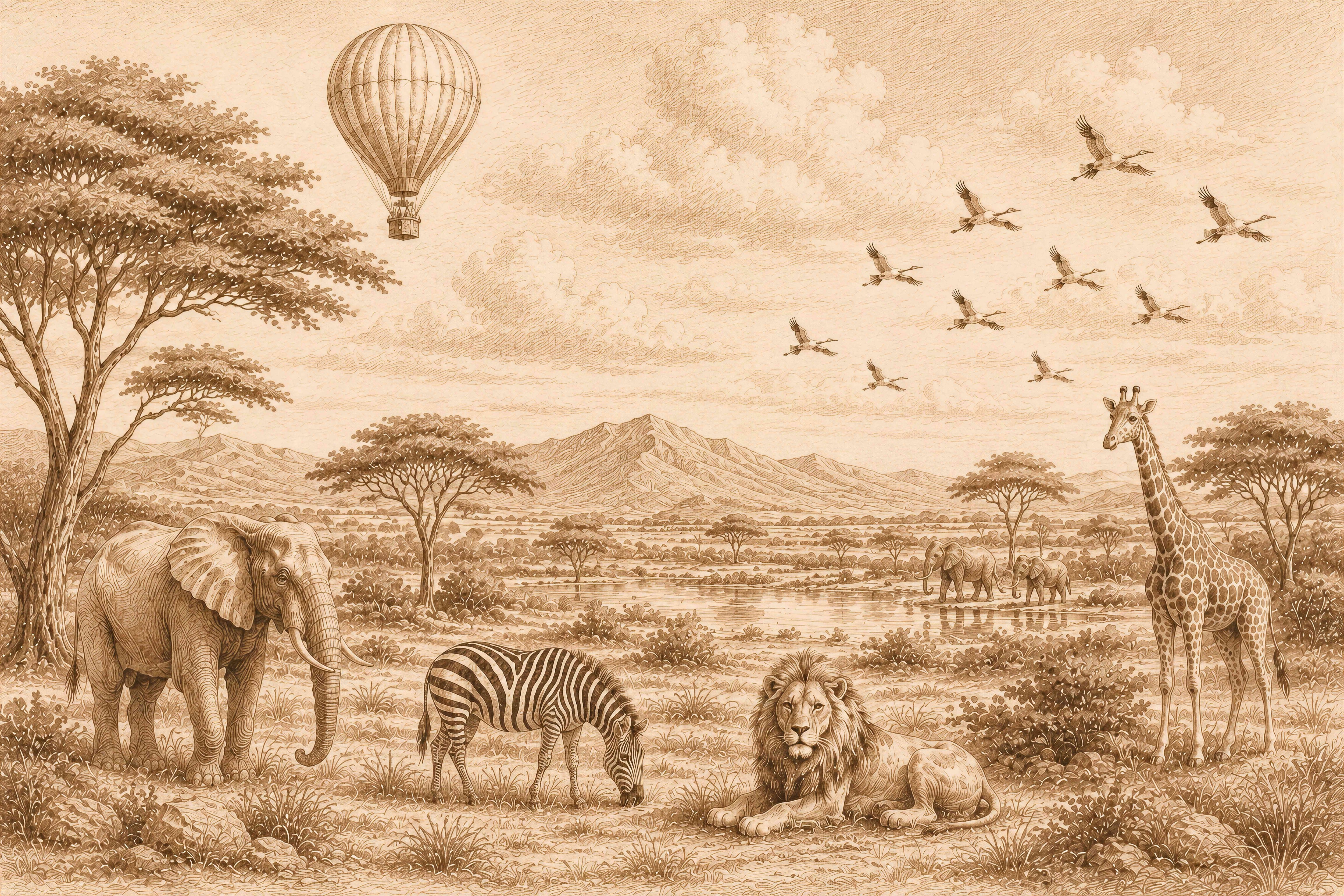Sepia vintage engraving style safari wallpaper with elephant, zebra, lion, giraffe, acacia trees, birds and a hot air balloon.