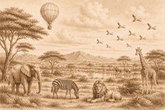 Sepia vintage engraving style safari wallpaper with elephant, zebra, lion, giraffe, acacia trees, birds and a hot air balloon.