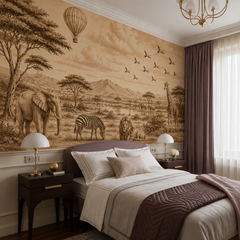 Vintage sepia safari wallpaper behind the bed in a classic bedroom.