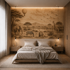 Vintage sepia safari wallpaper in a modern bedroom with warm lighting.