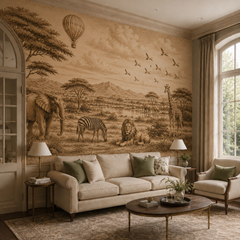 Vintage sepia safari wallpaper in an elegant living room with cream sofa.