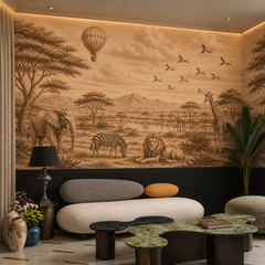 Vintage sepia safari wallpaper in a lounge with dark wainscoting and sculptural sofa.