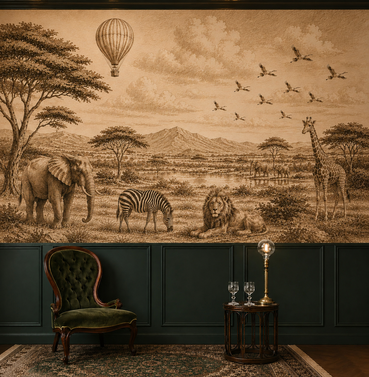 Vintage sepia safari wallpaper above dark green paneling with velvet armchair.