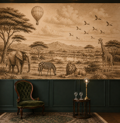 Vintage sepia safari wallpaper above dark green paneling with velvet armchair.