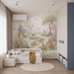 Woodland animal wallpaper displayed behind a white children’s bed with deer, swans, fox, bunny and rainbow.