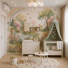 Enchanted forest nursery wallpaper shown behind a white crib with deer, swans, fox, flowers and pastel rainbow.