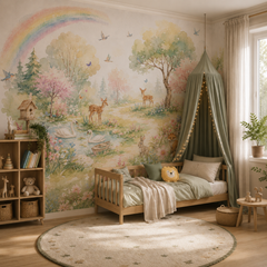Watercolor forest wall mural in a cozy toddler bedroom with deer, swans, bunny, fox and sage green canopy bed.