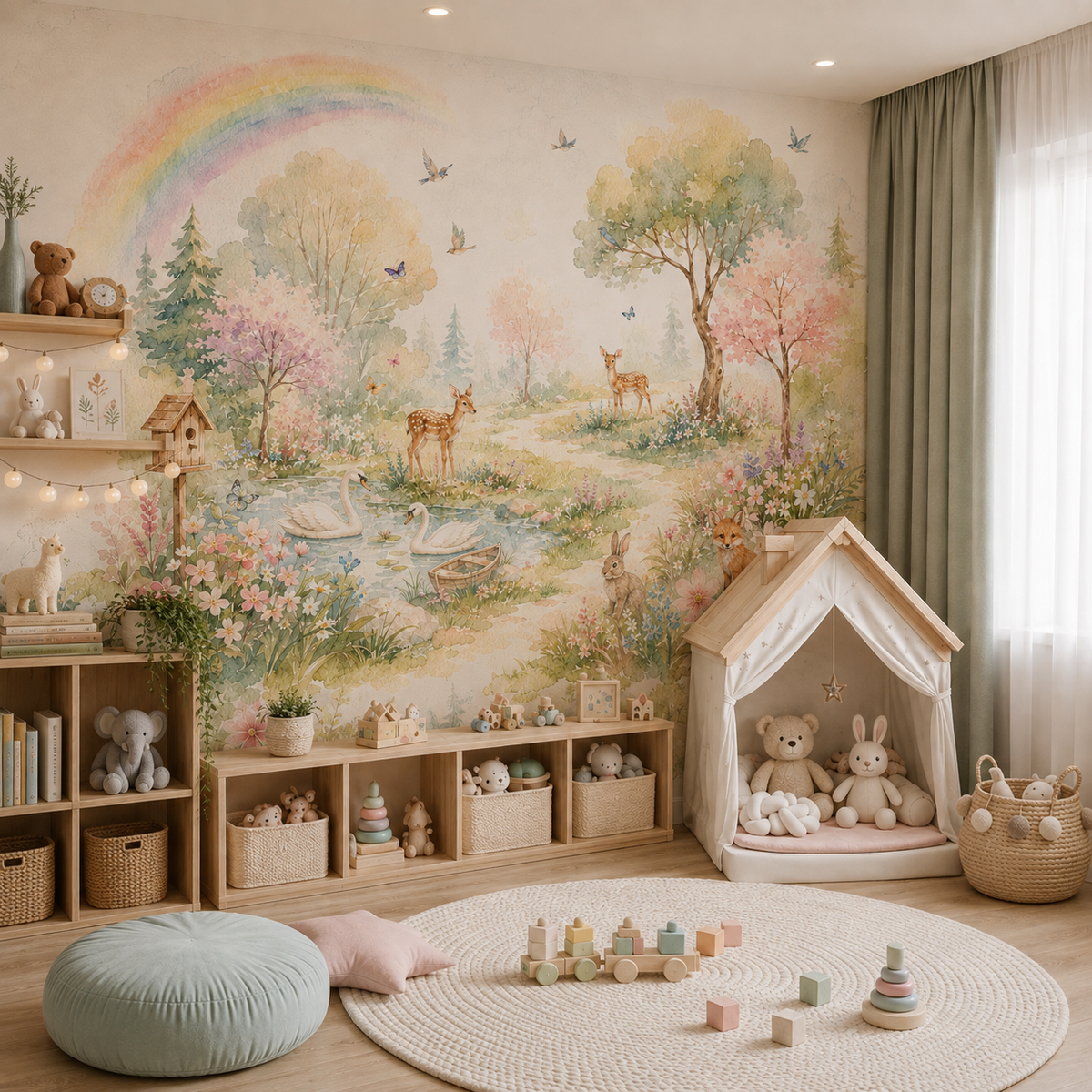Watercolor woodland wallpaper with deer, swans, fox, bunny, rainbow, flowers, birds and pastel forest trees.