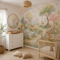 Pastel woodland wallpaper displayed in a children’s playroom with deer, swans, fox, bunny, rainbow and wildflowers.