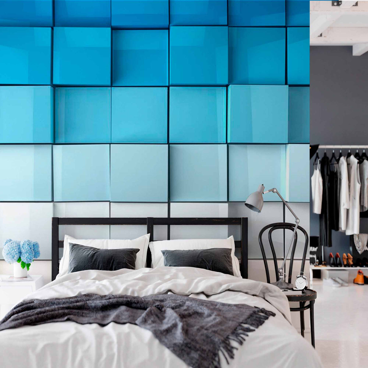 3D Soft Blue Cube Wall Mural Minimalist Pattern Wallpaper