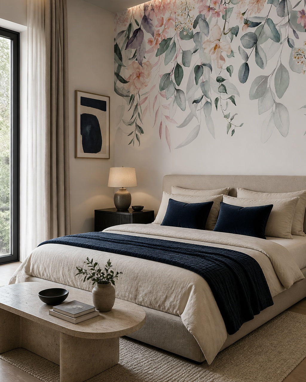 Floral fantasy wallpaper in a designer bedroom.