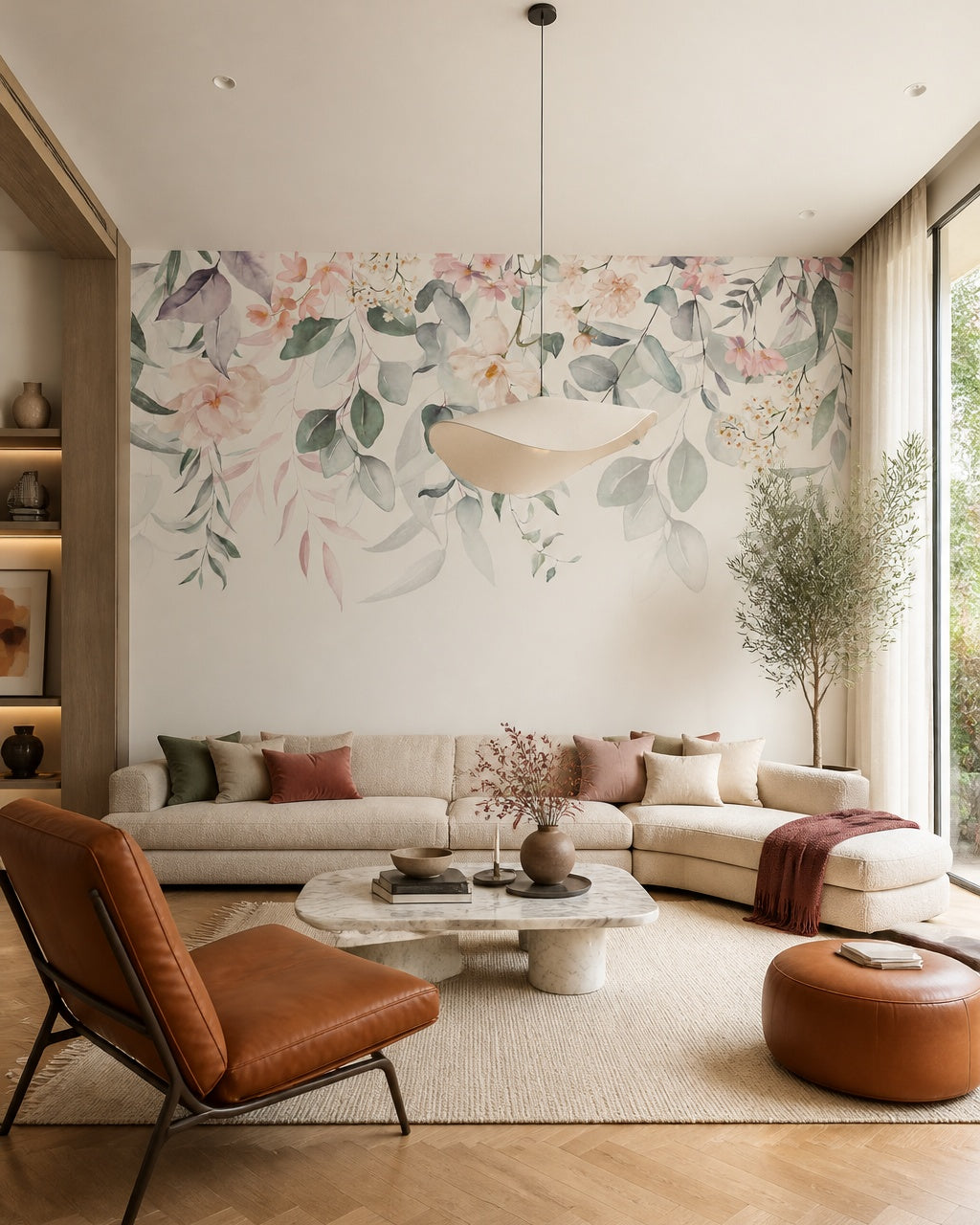Floral fantasy wallpaper in a designer living room.