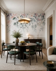 Floral fantasy wallpaper in a refined dining area.