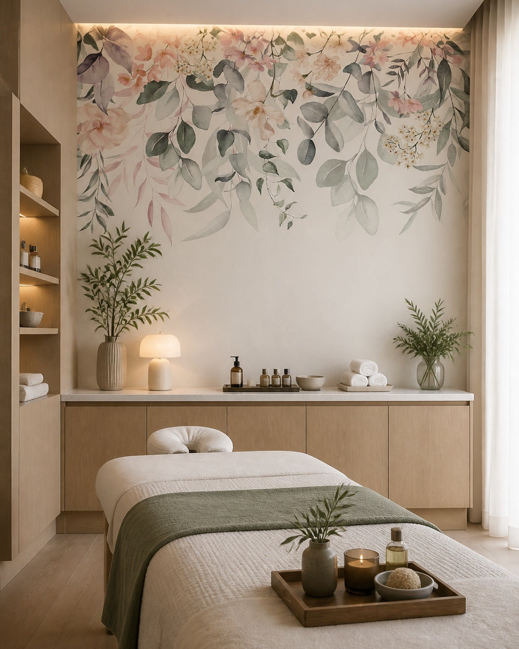 Floral fantasy wallpaper in a wellness spa.