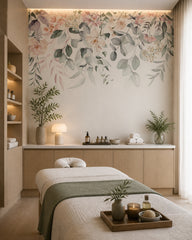 Floral fantasy wallpaper in a wellness spa.