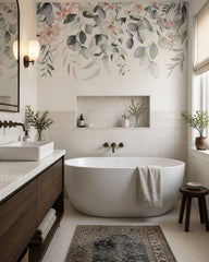 Floral fantasy wallpaper in a luxury bathroom.