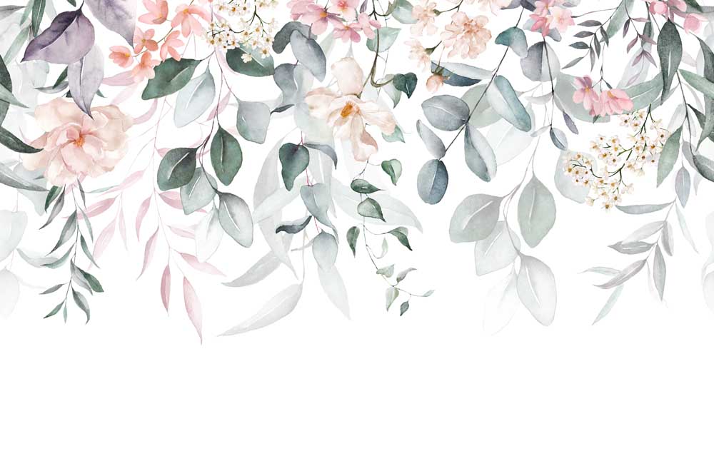 Bloemenfantasie behang – aquarel eucalyptus en blush bloemen als rand fotobehang