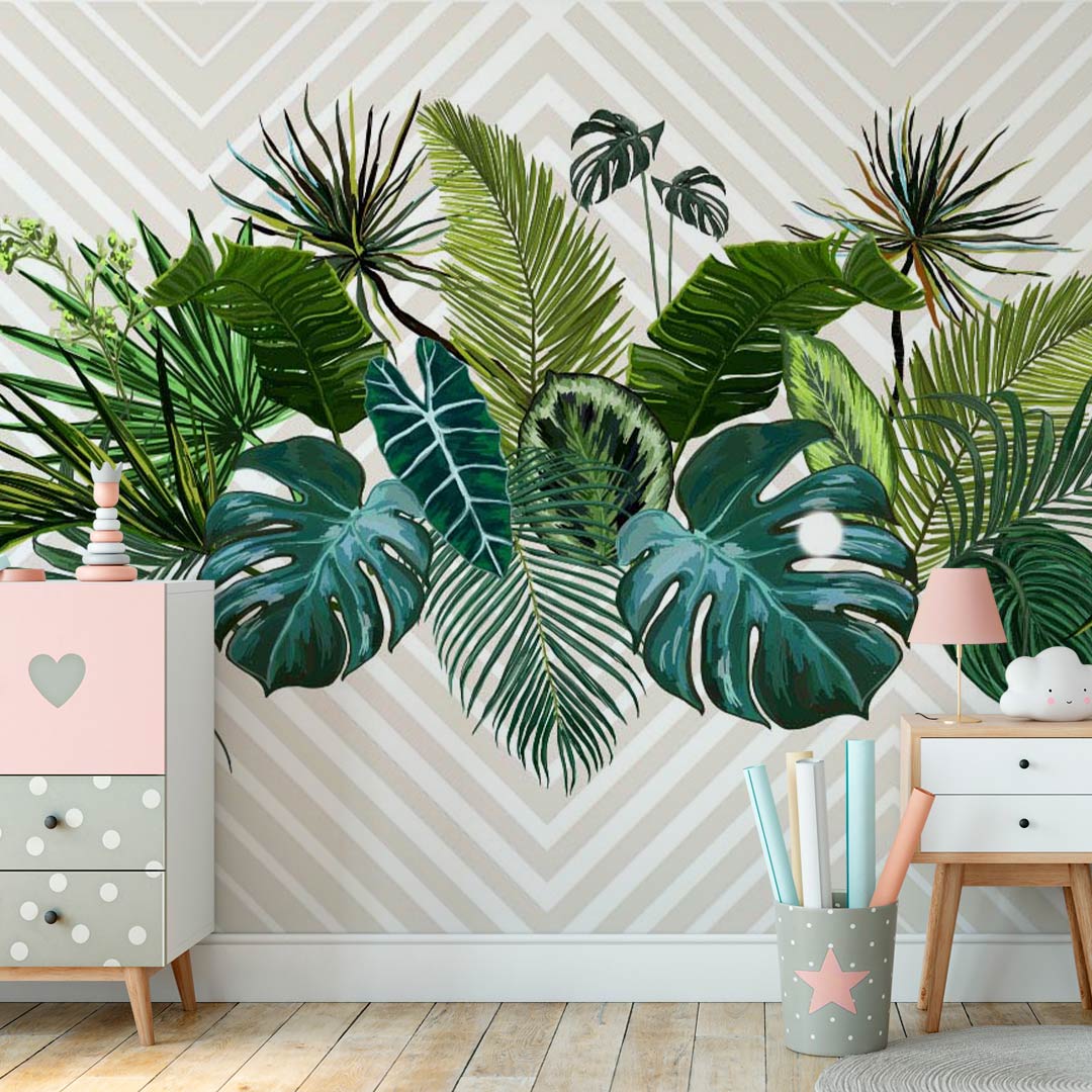 Tropical Wall Mural Art Beige Geometrical Wallpaper Palm Monstera Leaf