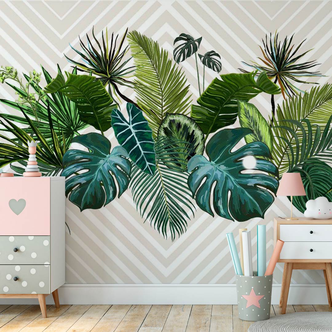 monstera wall Tropical Wall Mural Art Beige Geometrical Wallpaper Palm Monstera Leaf – Lipastick