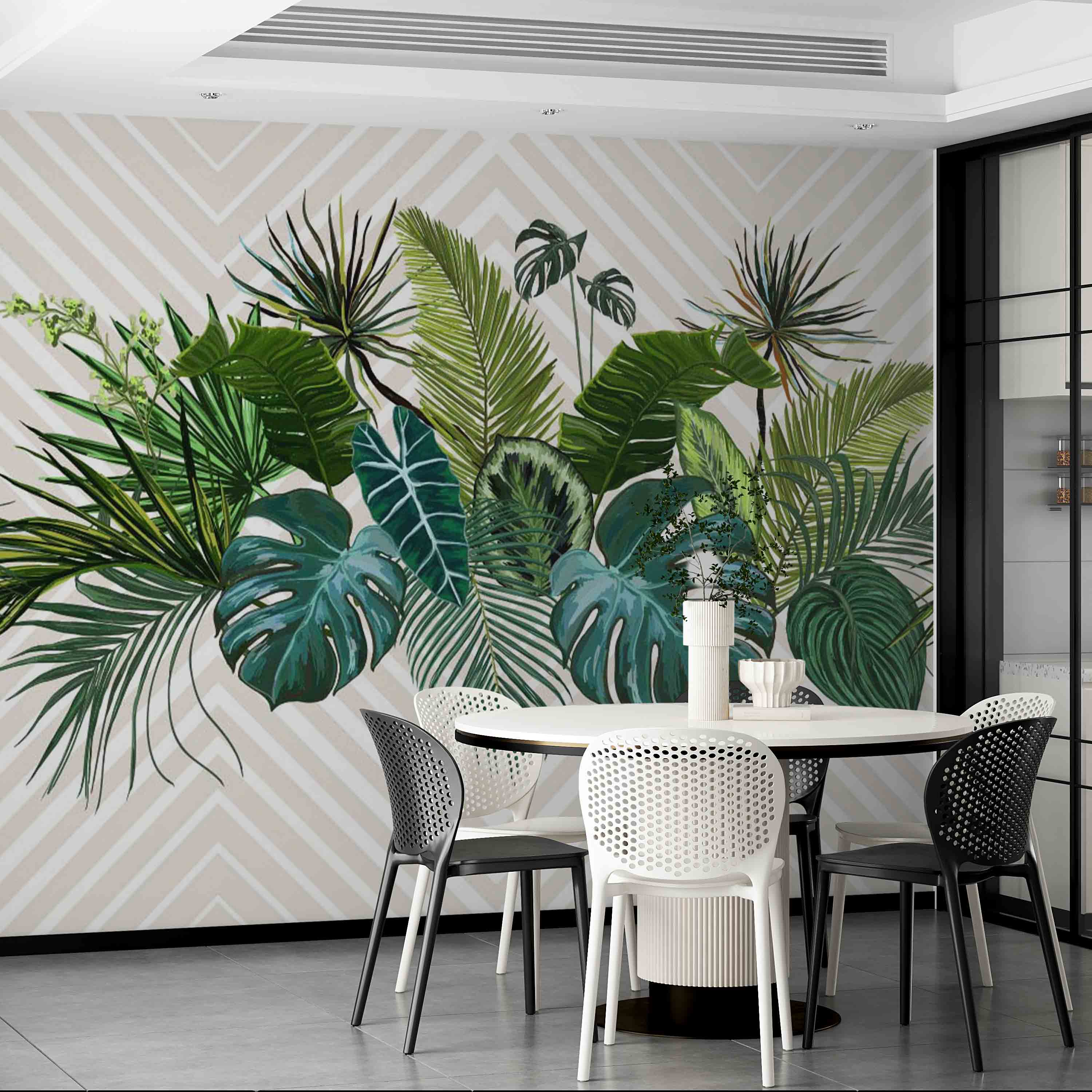 monstera leaf mural Tropical Wall Mural Art Beige Geometrical Wallpaper Palm Monstera Leaf – Lipastick