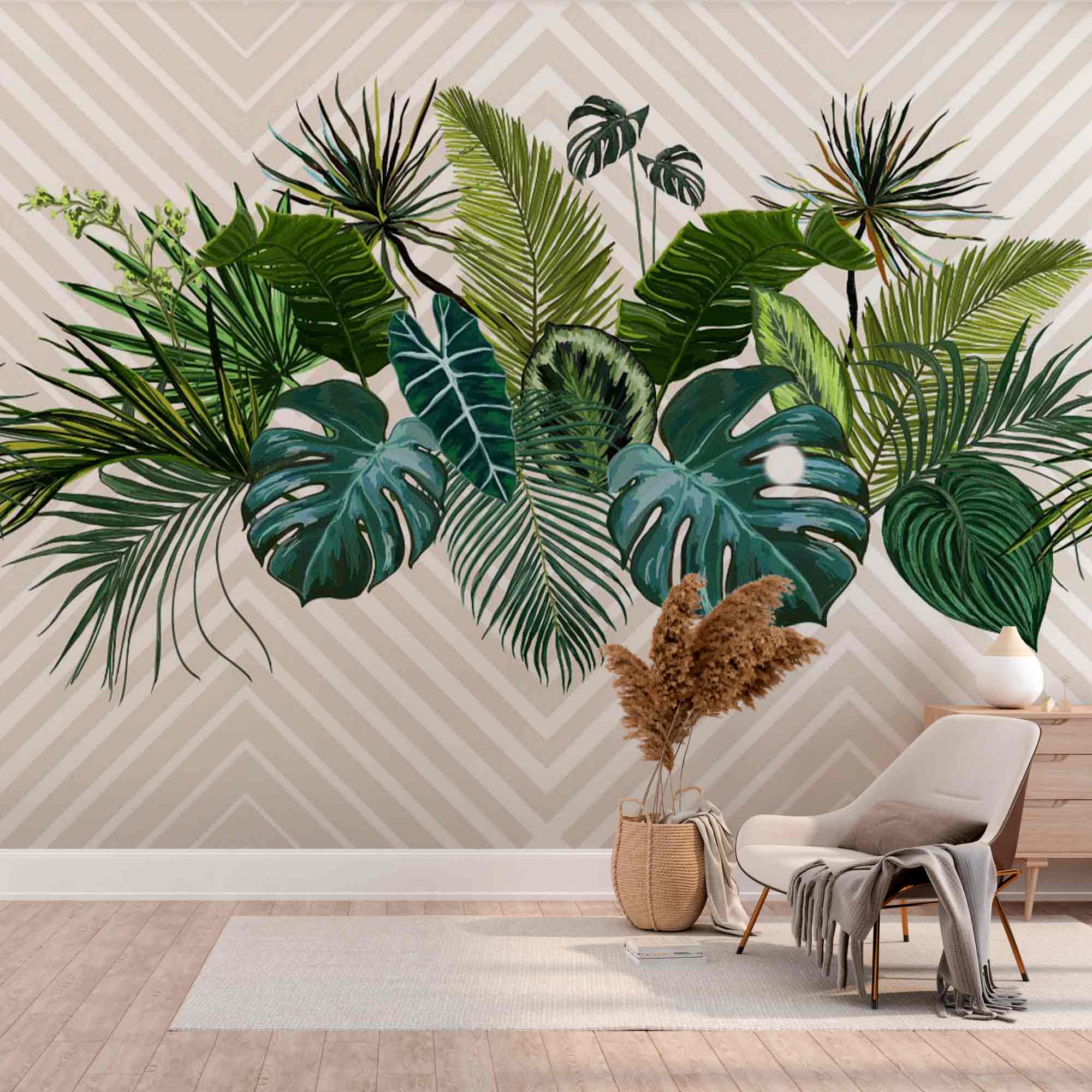 Tropical Wall Mural Art Beige Geometrical Wallpaper Palm Monstera Leaf