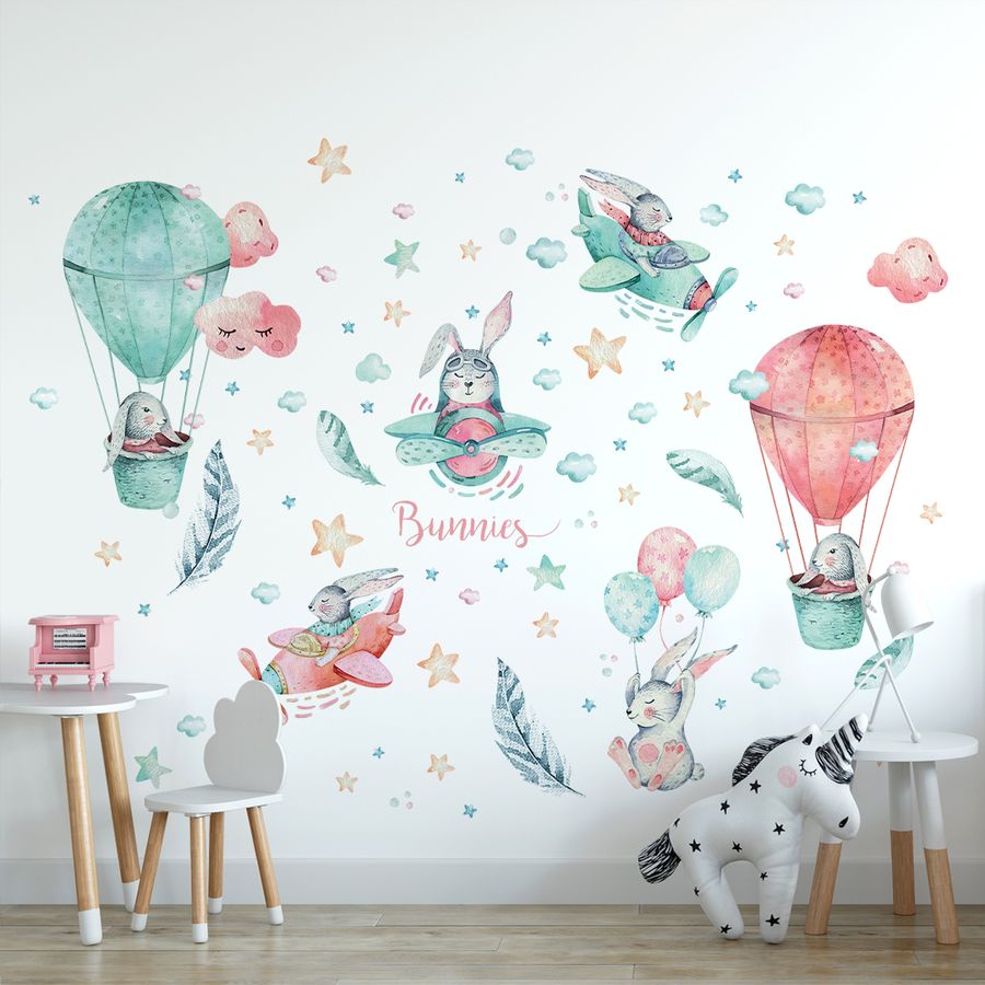 Bunny with Hot Air Balloon Wall Decals for Nursery Kids Room