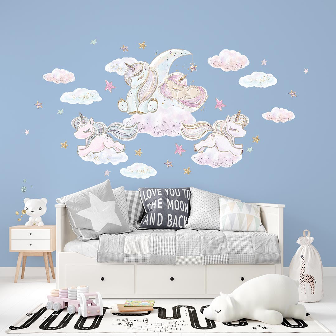 Unicorn Wall Stickers Pack - Kids Wall Decals with Glitter Stars and Clouds