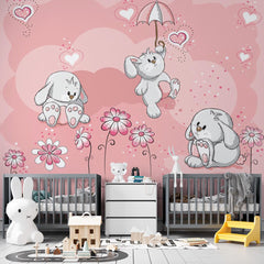 Custom Size Kids Wall Mural Pink Flowers Hearts Bunnies