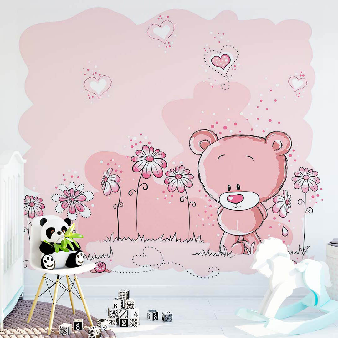 Kids Wal Mural Pink Flowers Hearts Teddy Bear