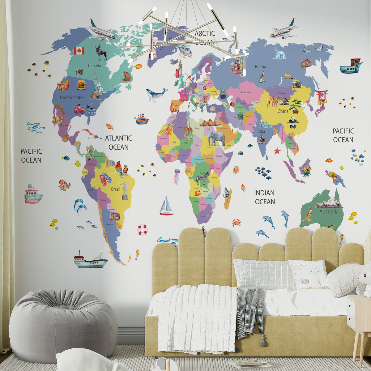 Custom World Map Wallpaper with Famous Places for Kids Room Wall Mural