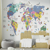 World Map Wallpaper with Famous Places for Kids Room Wall Mural