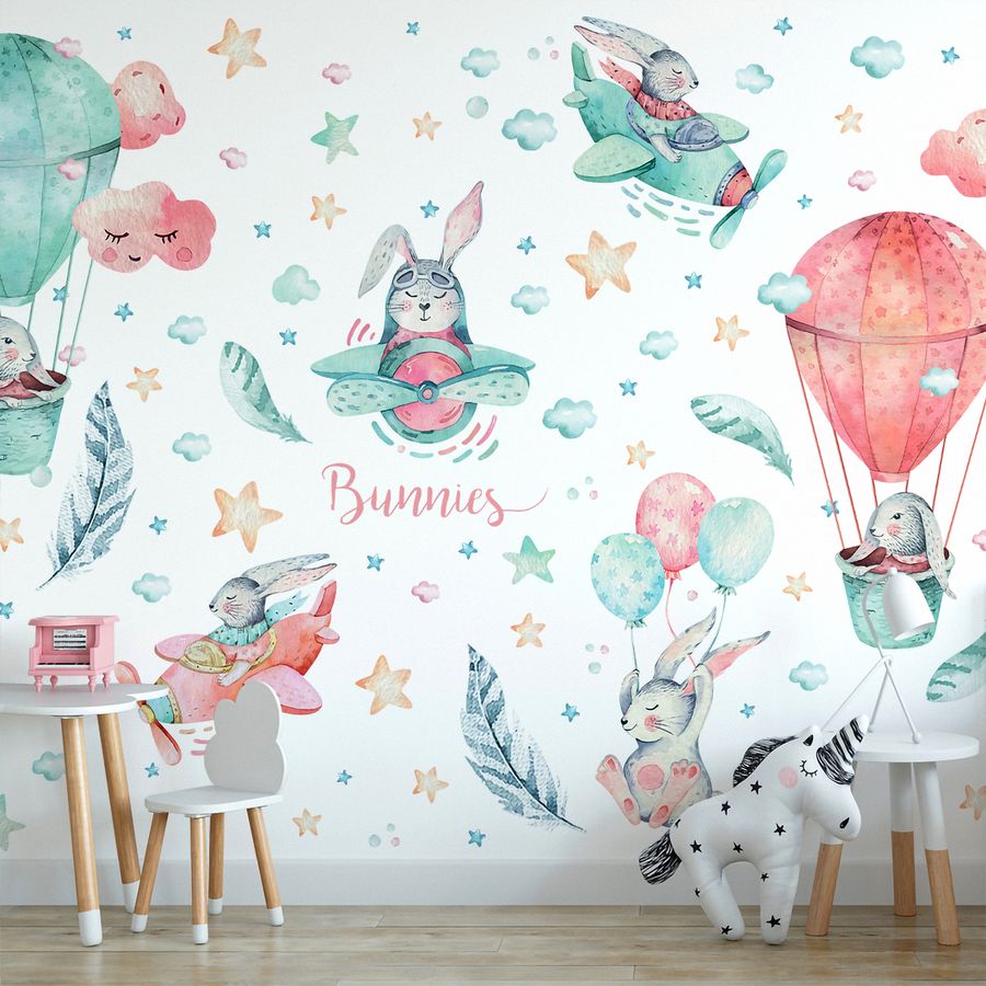 Bunny with Hot Air Balloon Wall Decals for Nursery Kids Room