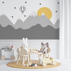 Custom Kids Wall Murals Grey Mountains Yellow Sun Accent Wallpaper for Kids