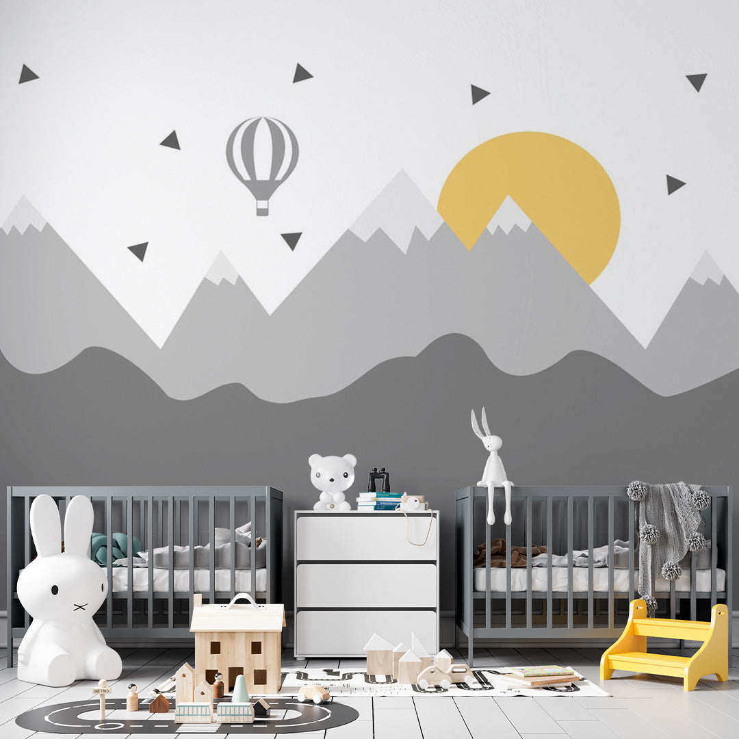 Kids Wall Murals Grey Mountains Yellow Sun Accent Wallpaper for Kids