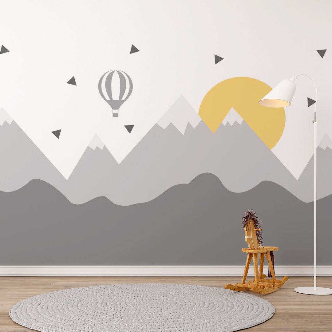 Kids Wall Murals Grey Mountains Yellow Sun Accent Wallpaper for Kids