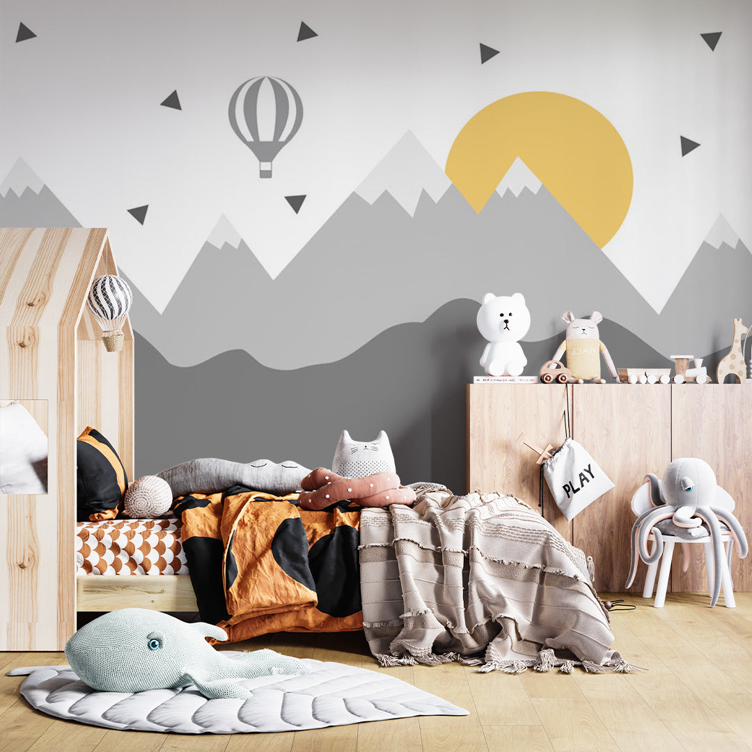 Kids Wall Murals Grey Mountains Yellow Sun Accent Wallpaper for Kids