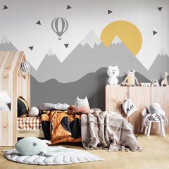 Custom Kids Wall Murals Grey Mountains Yellow Sun Accent Wallpaper for Kids